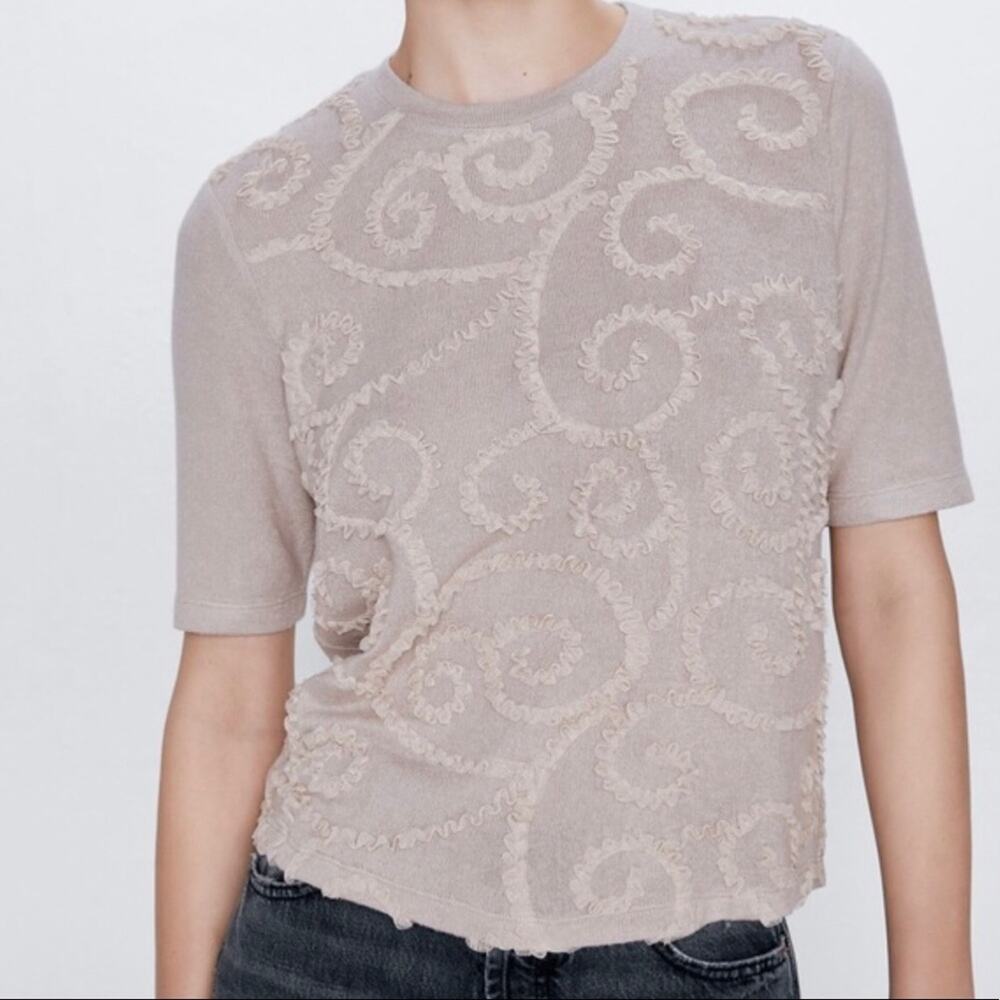 Zara Textured Tan Embroidered Sweater Knit Top.
